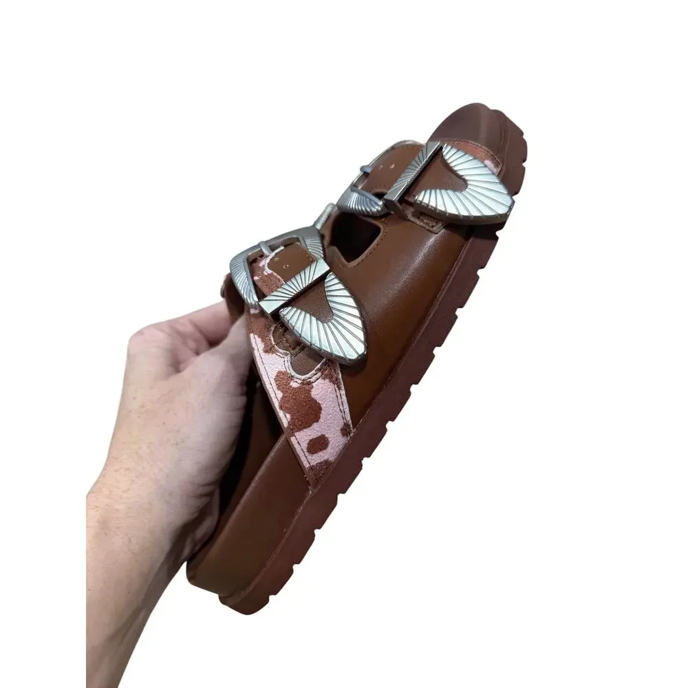 MIA Tibby Western Cow Print Double Buckle Slide Sandals Brown Pink Size 7
